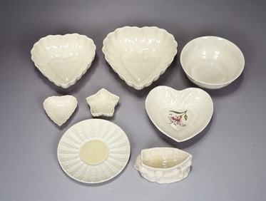 Eight Belleek Irish Porcelain Heart Shape And Candy Dishes 1965-1997