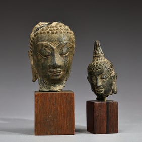 Two Sukhothai Period Bronze Head Of Buddha Sculptures