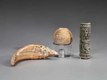 Manteno Pottery Cylinder Seals, Terracotta Conical Hemispherical, Fossilized Tooth