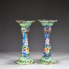 Pair Of Chinese Cloisonne Enamel Flower Pattern Candlesticks