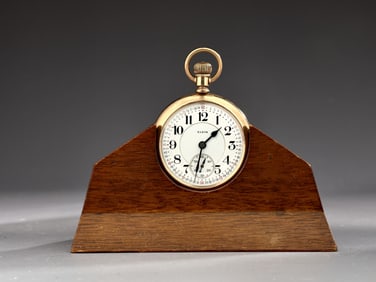 Elgin Pocket Watch In Gold Filled With Wood Stand