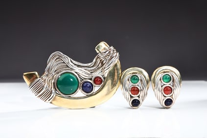 Bat Ami Modernist Sterling Silver Gemstones Brooch& Earrings Set, Israel