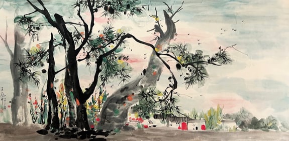 Wu Guanzhong mark, Chinese Scenery Painting, Ink and Color on Paper, Mounted