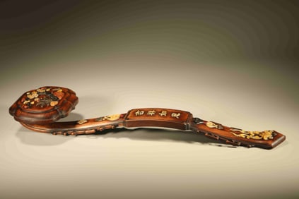 Huanghuali Wood Inlaid Gem Stone Carved Flower and Bird Pattern RuYi Ornament