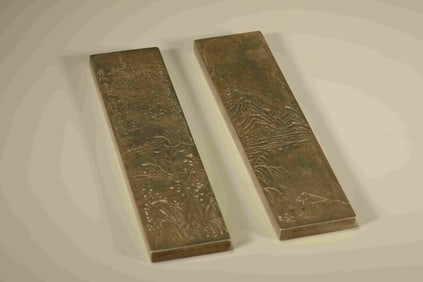 Pair of Bronze Carved Landscape and Poetry Pattern Paper Weight