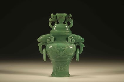Dongling Stone Carved Beast Face Pattern Double Ram Ears Vase
