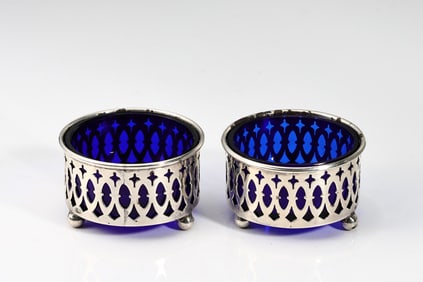 Birks Footed Sterling Silver Cellar With Cobalt Blue Inner Set Of 2