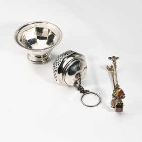 Sterling Silver Chained Tea Kettle Infuser, Drip Bowl, Sugar Tong