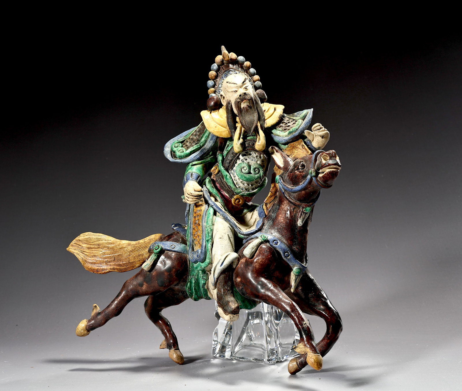 Chinese Sancai Glaze Guan Yu Roof Tile Sculpture: Chinese Sancai Glaze Guan Yu Roof Tile Sculpture (30 x 30 x 9 cm)