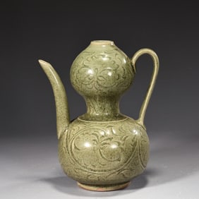 Chinese Porcelain Yaozhou Kiln Green Glazed Flower Gourd Pot