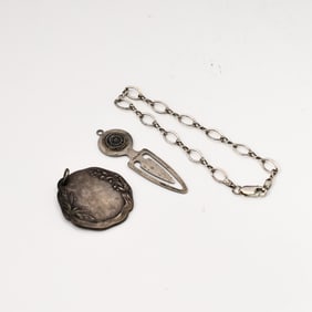 Collection Of Vintage Sterling Silver Pendant 1915, Chain, Bookmark