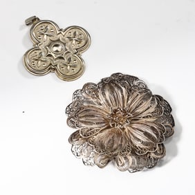 Sterling Silver Large Filigree Blooming Flower Pin And Reed Barton Ornament