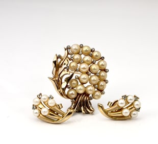 Vintage Faux Pearl Brooch And Earrings Set