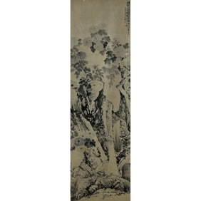Shi Tao mark, Chinese Chrysanthemum and Stone Painting, Ink on Paper, Hanging Scroll