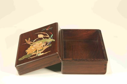 Huanghuali Wood Inlaid Gem Stone Carved Lotus Flower Pattern Lid Box