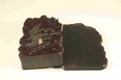 Red Sandalwood Inlaid Jade Carved Character and Landscape Pattern Lid Box
