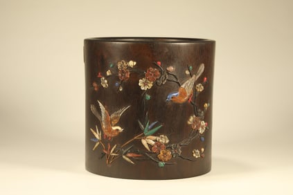 Red Sandalwood Inlaid Gem Stone Carved Magpie with Plum Flower Pattern Brush Pot