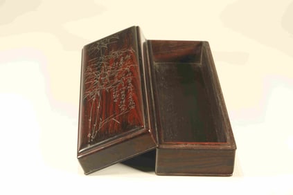 Huanghuali Wood Carved Bamboo and Poetry Pattern Lid Box