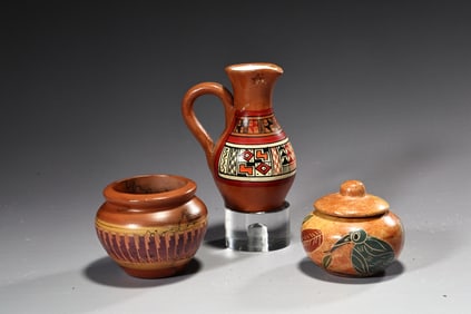 Three Earthenware Handmade Clay Ceramic Vases And Jar