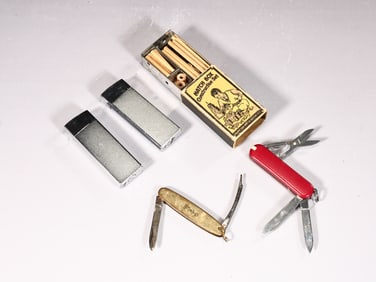 Collection Of Vintage Items Lighters, Match Box, Army Pocket Knives