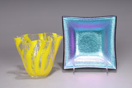 Iridescent Art Glass Dish Signed And Handkerchief Vase Art Glass
