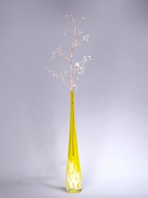 Yellow Blown Glass Flute Vase With Glass Flower Branch