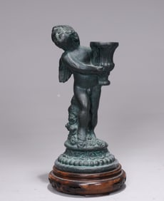 French Louis Style Cherub Bronze Candle Holder On Wood Stand