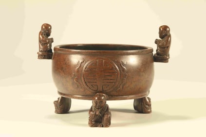 Bronze Carved Shou Pattern Double Child Ears Incense Burner