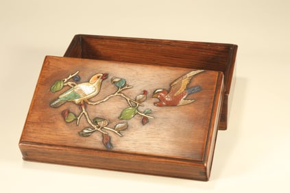 Huanghuali Wood Inlaid Multi GemStone  Carved Flower and Bird Pattern Lid Box