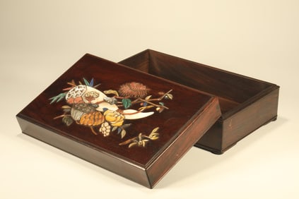 Huanghuali Wood Inlaid Gem Stone Carved Flower Pattern Lid Box