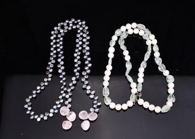 Two Long Necklaces Featuring Grey Coin Pearls And Pearl Gemstone