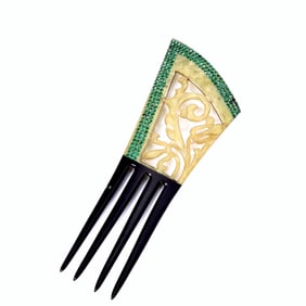 Vintage Celluloid Cut Out Green Rhinestone Hair Comb
