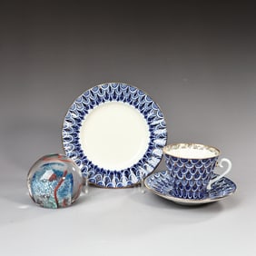 Three Lomonosov Porcelain Tea Sets And Art Glass Paperweight Underwater Life Signed 1998