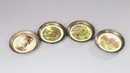 Sheridan Silver Plate Coasters Currier & Ives Homestead Set Of 4