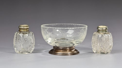Vintage Floral Etched Glassware Table Items With Detailed Sterling Silver Accents