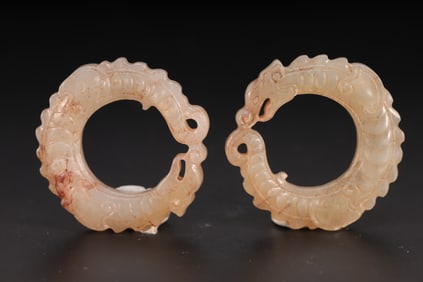 Pair of Jade Carved Chi Dragon Shape Ring