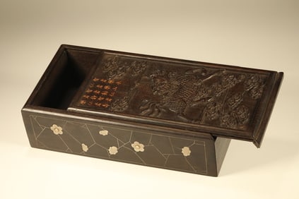 Red Sandalwood Inlaid Silver Carved Plum Flower and Kirin Pattern Lid Box
