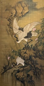 Shen Quan mark, Chinese Crane Painting, Ink and Color on Silk, Hanging Scroll