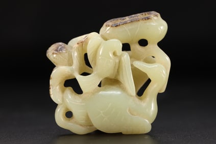 Jade Carved Lotus Flower and Bird Shape Ornament