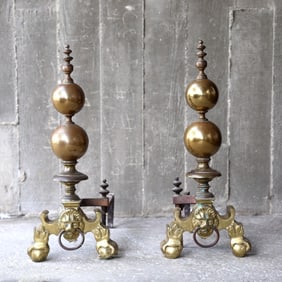 Pair Of Vintage Brass Fireplace Andirons Lions Head
