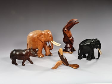 Collection Of Wood Carved Animals Figurines