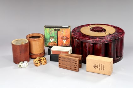 Collection Of Gaming Poker Chips Caddy Holder, Leather Dice Set, Folding Cribbage