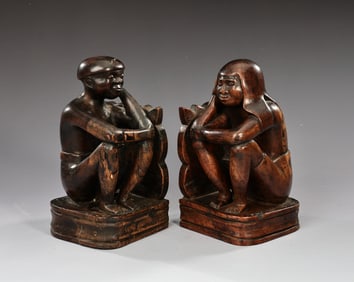 Hand Carved Thinking Female And Man Sculpture Wooden Bookends
