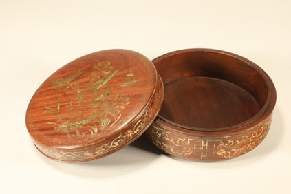 Huanghuali Wood Gold Drawing Colour Painted Flower and Bird Pattern Lid Box