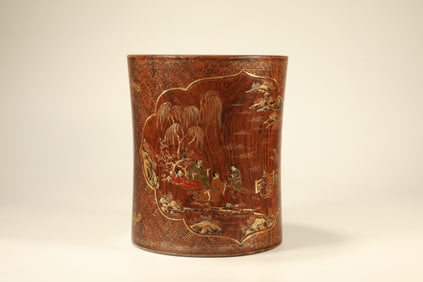 Huanghuali Wood Gold Drawing Colour Painted Landscape and Character Story Pattern Brush Pot