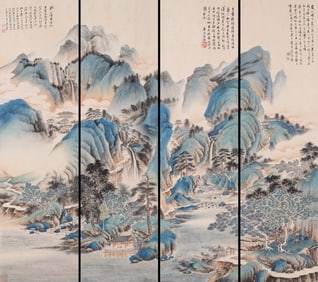 Zhang Daqian mark, Four Chinese Landscape Painting, Ink and Color on Paper, Hanging Scroll