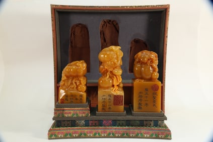 Group of Three Shoushan Tianhuang Carved Fruit Shape Stone Seal