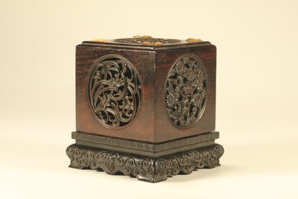 Red Sandalwood Inlaid Multi GemStone Carved Plum Flower and Orchid & Bamboo & Chrysanthemum Pattern