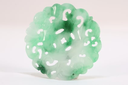 Jadeite Carved Flower and Bat Pattern Pendant