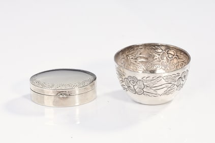 Sterling Silver Trinket Box And Floral Detailed Mini Bowl